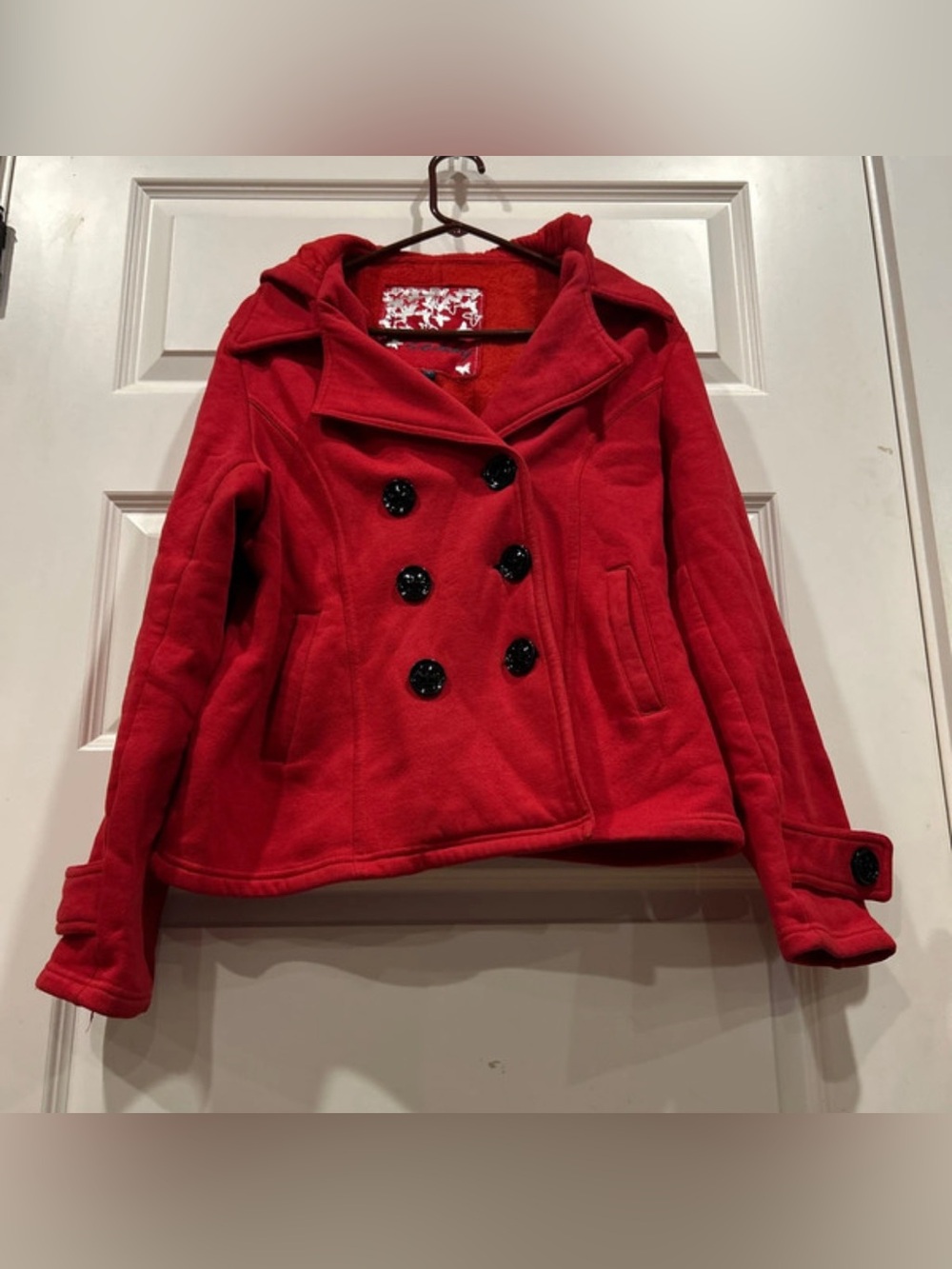 Sebby Women’s Hooded Double-Breasted Fleece Pea Coat Jacket Size L